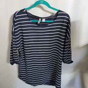 H&M Navy and White Striped 3/4 Sleeve Top, Size XL